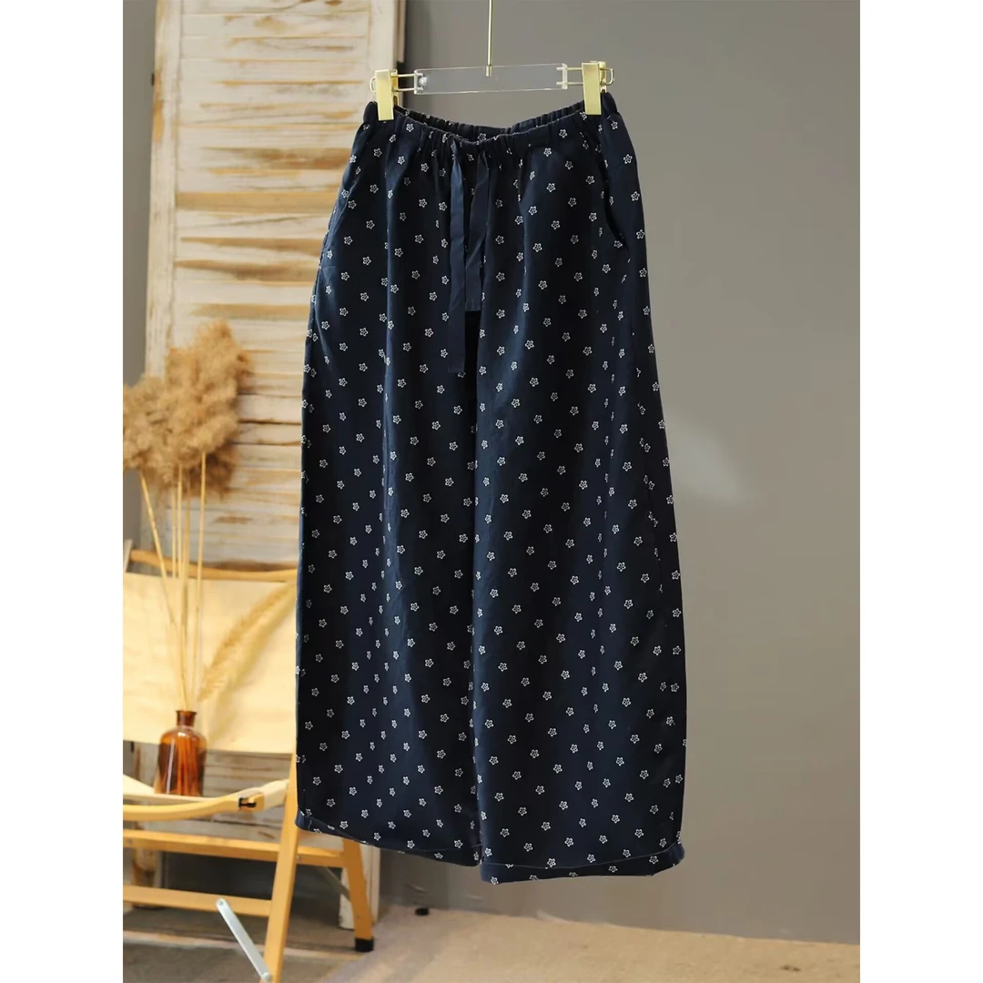 2025夏装新款抽绳花朵减龄麻味复古休闲裤个性经典碎花女