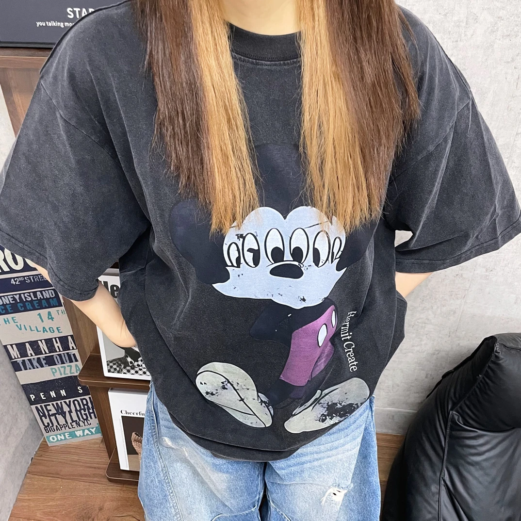 LELE-卡通水洗米奇复古纯棉T恤印花文化衫潮流半袖男女同款夏季