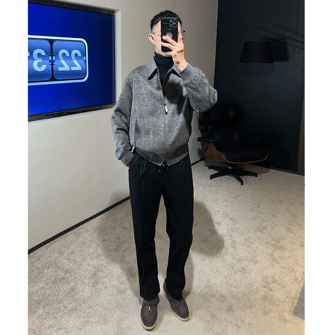 【老钱优雅】秋冬 美丽诺羊*毛呢威尔士格纹灰保暖翻领飞行员夹克男