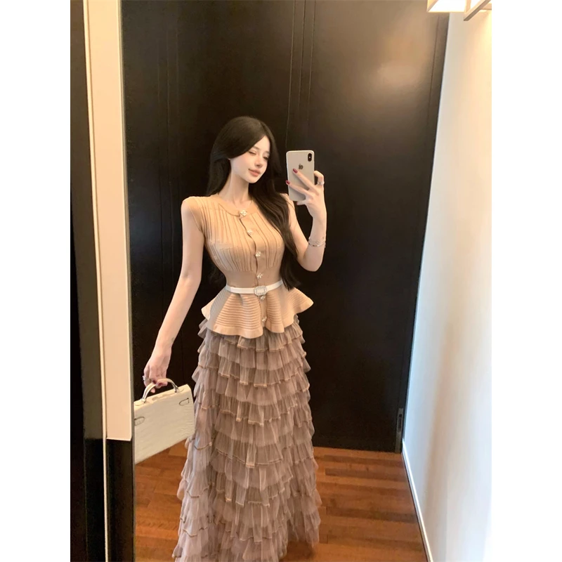 2025新款法式气质小香风修身针织开衫高腰网纱蛋糕半身裙两件套女