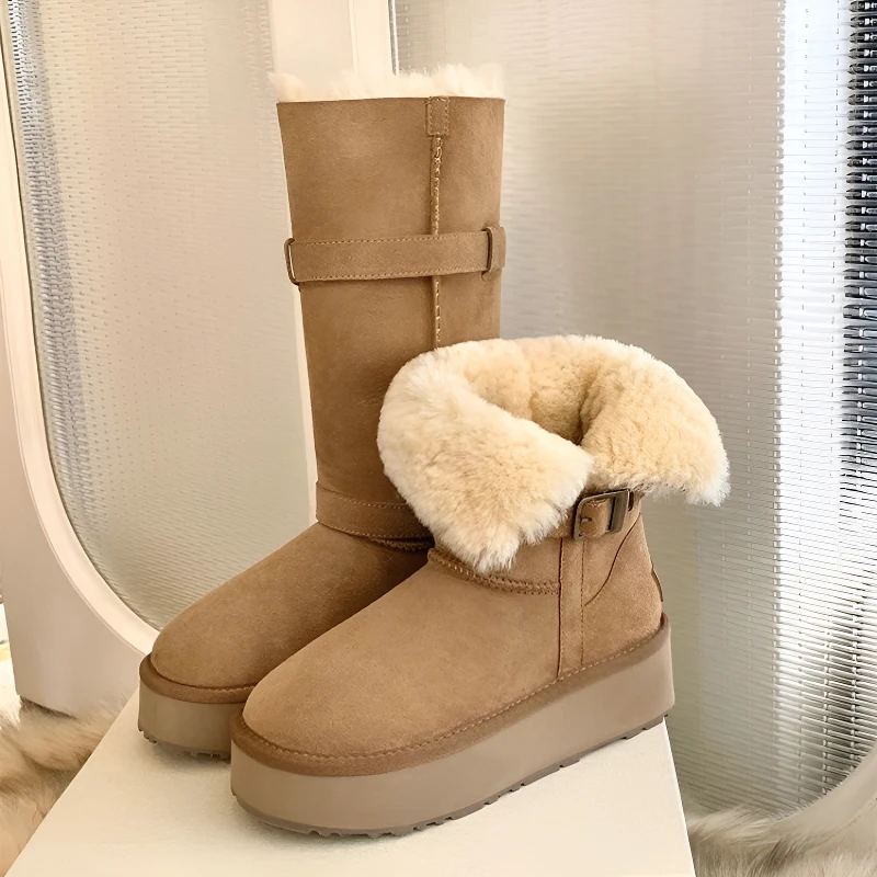 【茵茵家】零下初雪~翻边厚底中高筒毛毛短靴女雪地靴长靴冬季新款