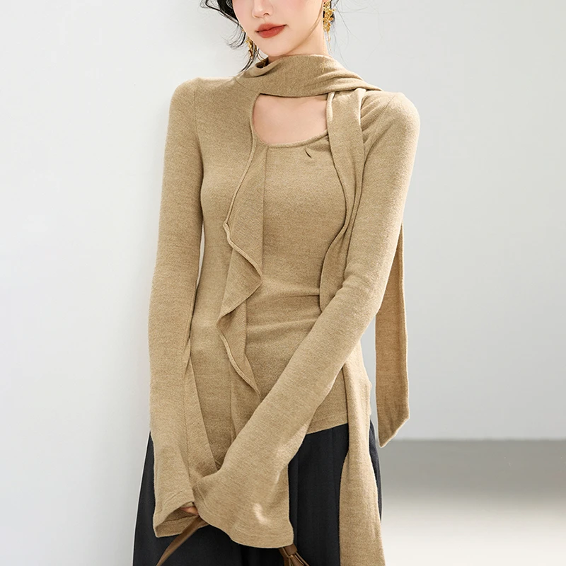 设计感飘带V领针织衫女秋季2025新款早秋韩系穿搭修身长袖T恤上衣