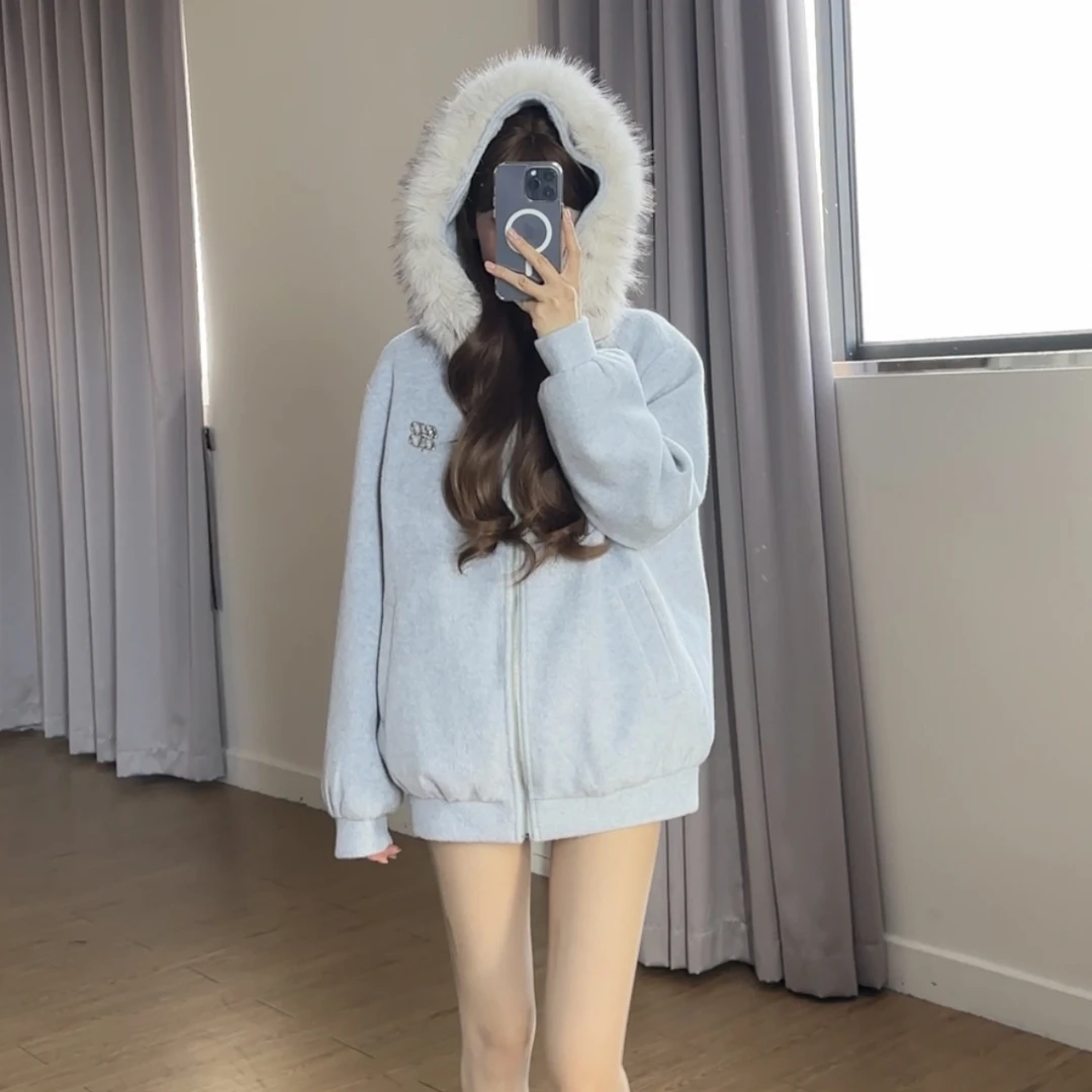 小小仟 连帽毛领羊毛呢子大衣夹棉加厚保暖秋冬季拉链卫衣外套