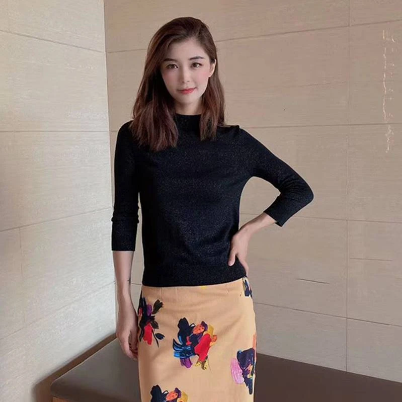 哥家25新款羊毛衫金银丝修身半高领七分袖针织打底衫毛衣5399277