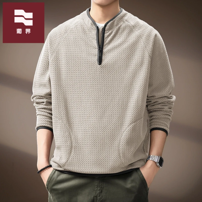 高端美式潮牌半拉链立领卫衣男秋季新款户外肌理骑行休闲宽松上衣