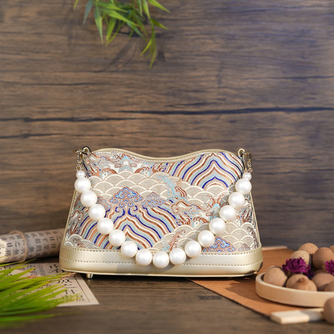 丽百年新中式七彩祥云女士仿珍珠手提包中国风国潮YJ083斜挎包