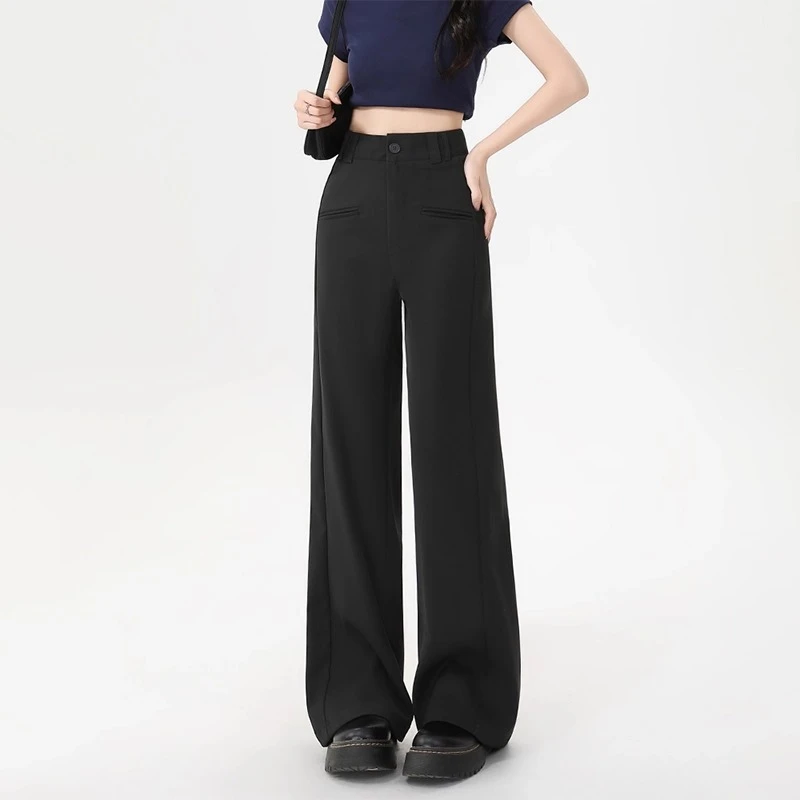 小个子黑色显瘦阔腿裤女夏季薄款梨形身材高腰宽松垂感直筒西装裤