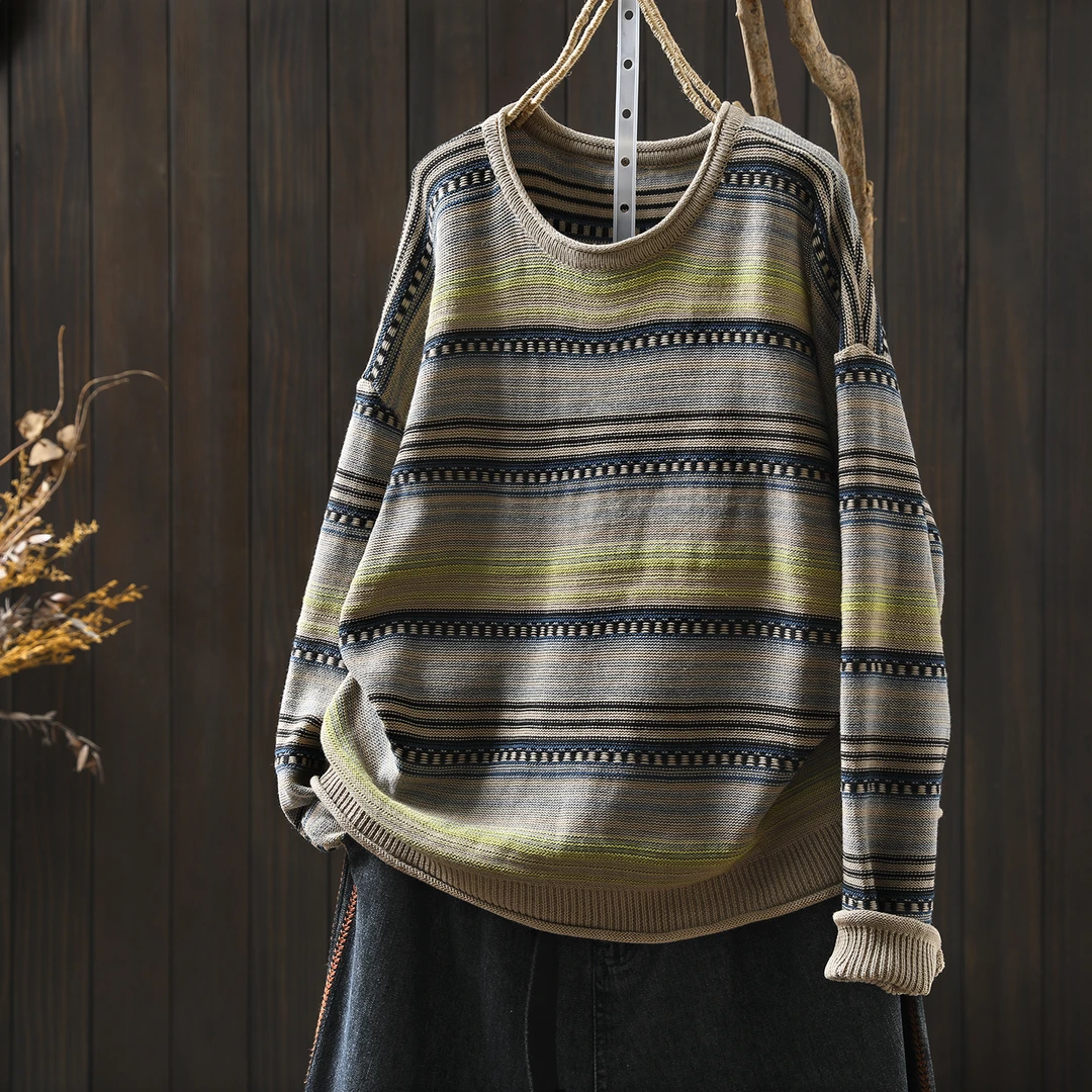 慵懒早秋上衣女2025新款棉线条纹针织撞色复古宽松休闲长袖针织衫