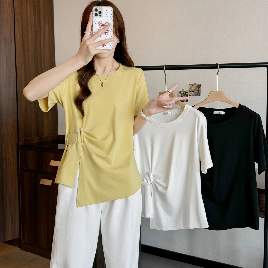 2025夏装胖妹妹大码时尚百搭国风不对称收腰短袖上衣T恤潮黑色