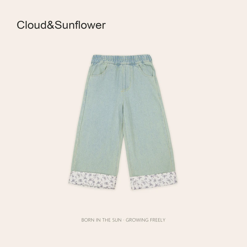 女童裤脚碎花刺绣挽脚牛仔裤1112951