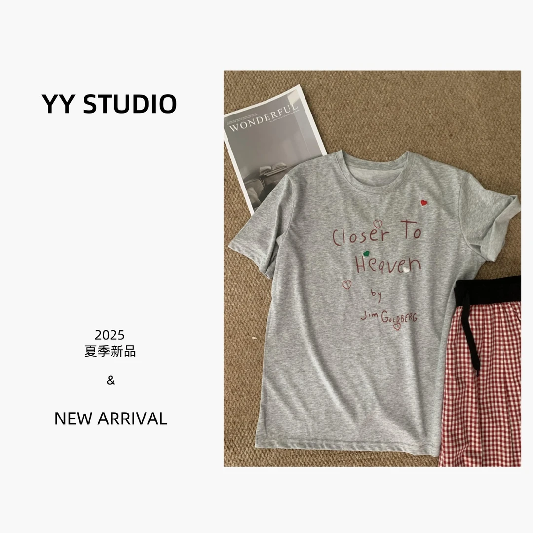 【YY STUDIO】极简画刊 夏季气质时髦印花刺绣上衣百搭短袖圆领T恤