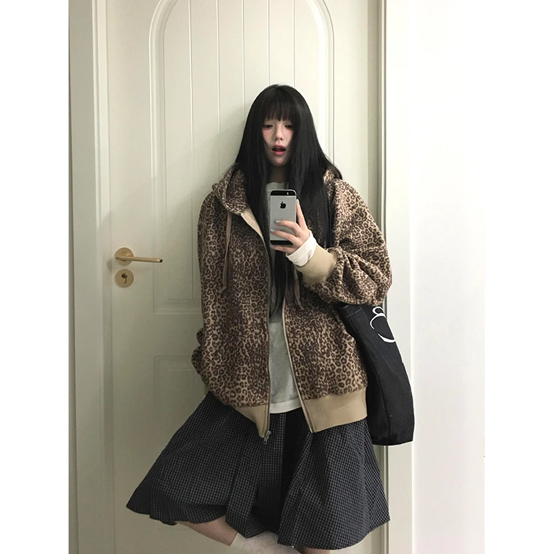高街ins豹纹连帽拉链卫衣外套女秋季新款慵懒风复古休闲夹克上衣