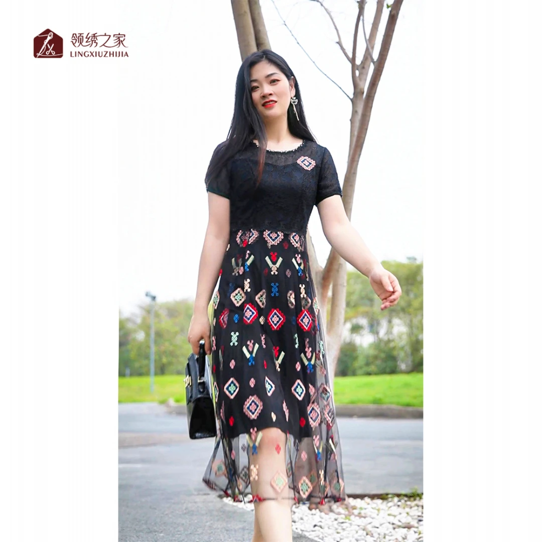 蕾丝绣花连衣裙碎花妈妈装#L700758H-81时尚洋气显瘦气质连衣裙