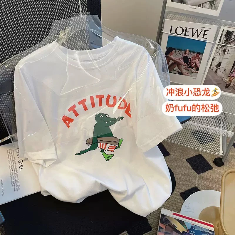 字母标准短袖T恤卡通印花短袖t恤女士百搭家居服圆领