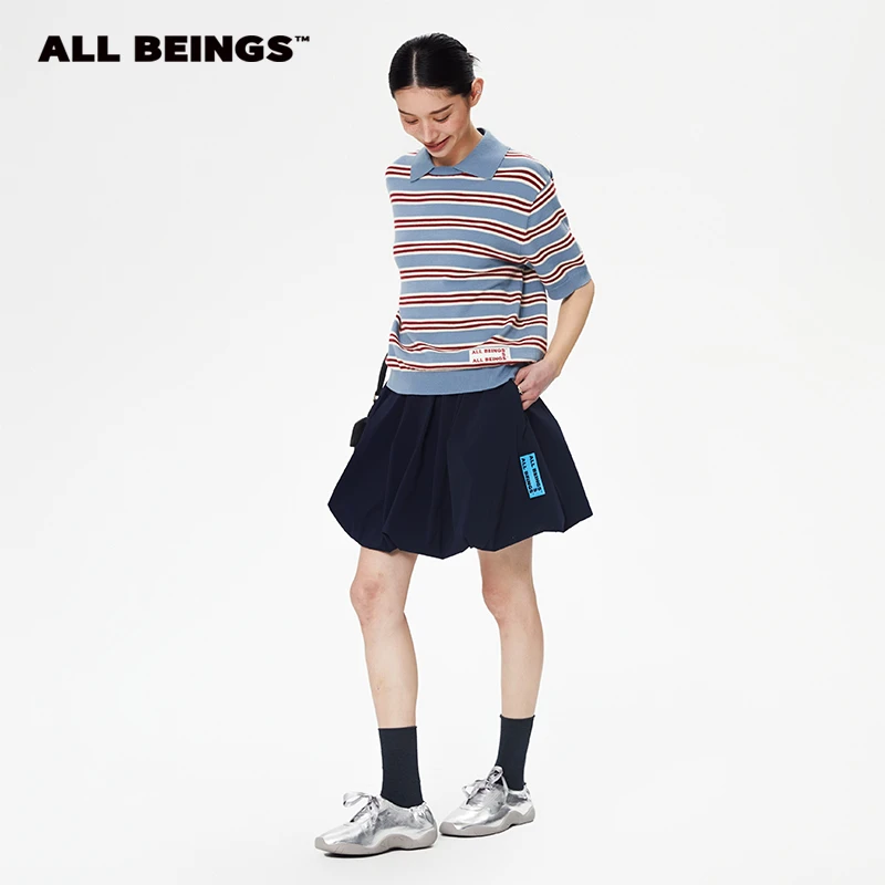 ALL BEINGS25年春夏设计师新款条纹翻领短袖时尚复古针织衫女