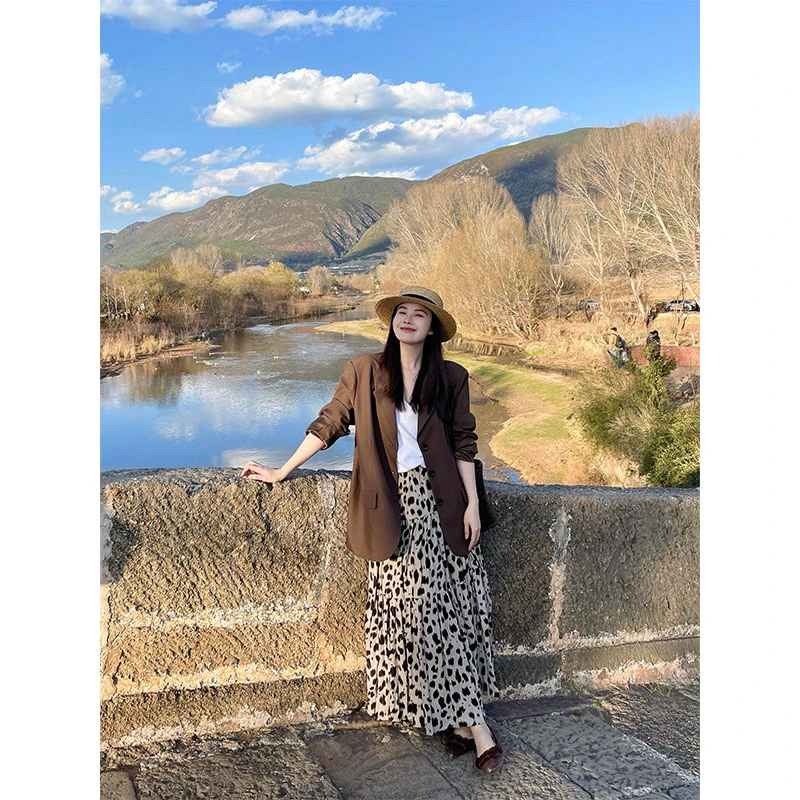 韩系穿搭一整套高级气质高级显瘦西装外套百搭豹纹半身裙子套装