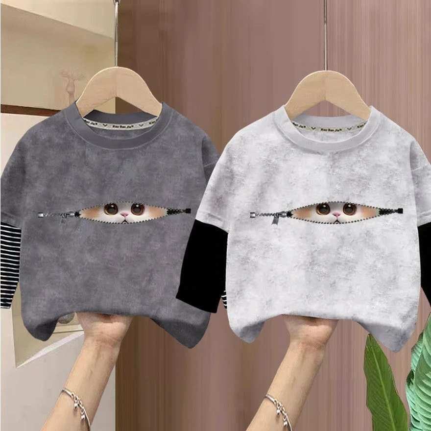 儿童春秋季新款纯棉拉链猫长袖T恤男女童宝宝卡通布布上衣打底衫t