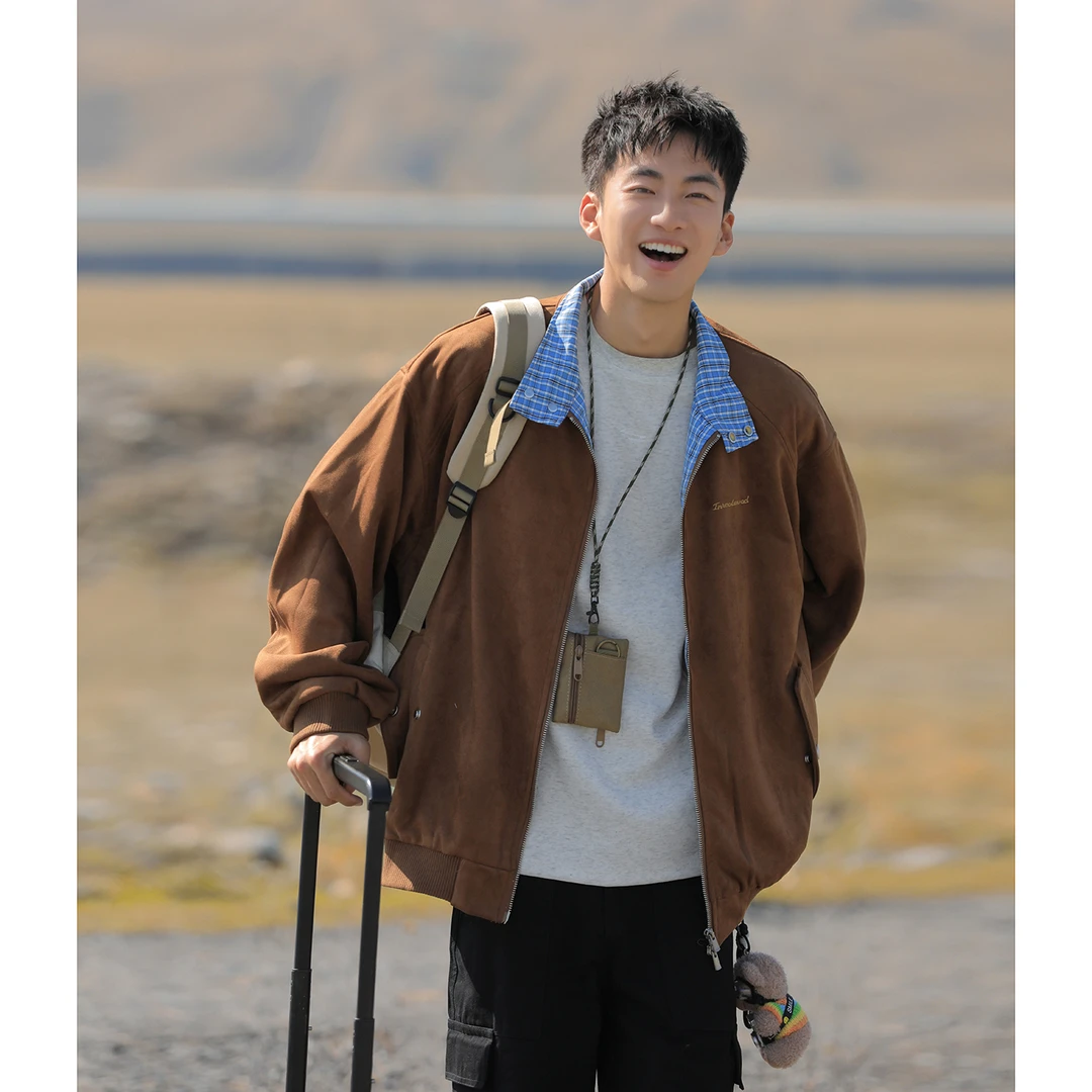 复古格子拼接麂皮绒流光风外套男女款新款秋季情侣棒球服休闲夹克