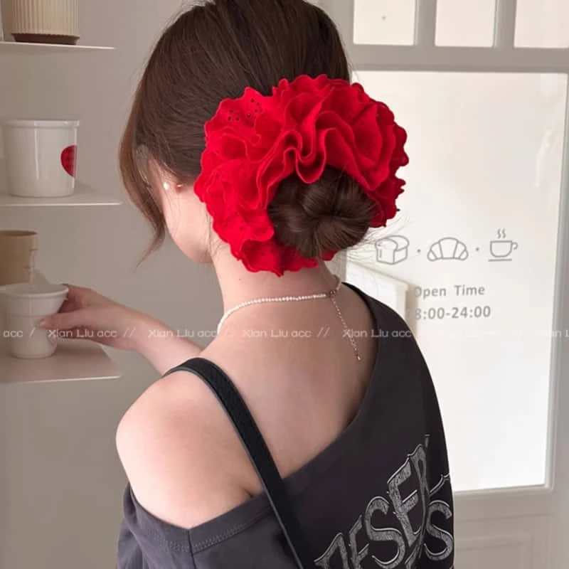 高版本！易梦玲同款红色蕾丝花边大肠发圈女扎丸子头发绳皮筋头饰