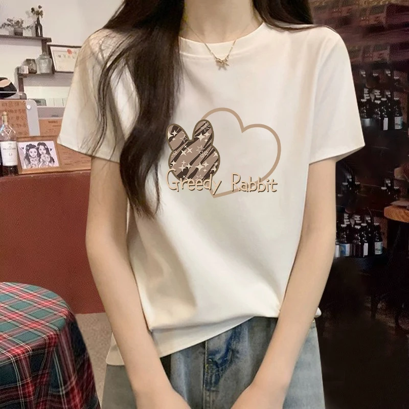 2025夏季新款纯棉圆领短袖t恤女韩版百搭印花宽松打底小众ins上衣