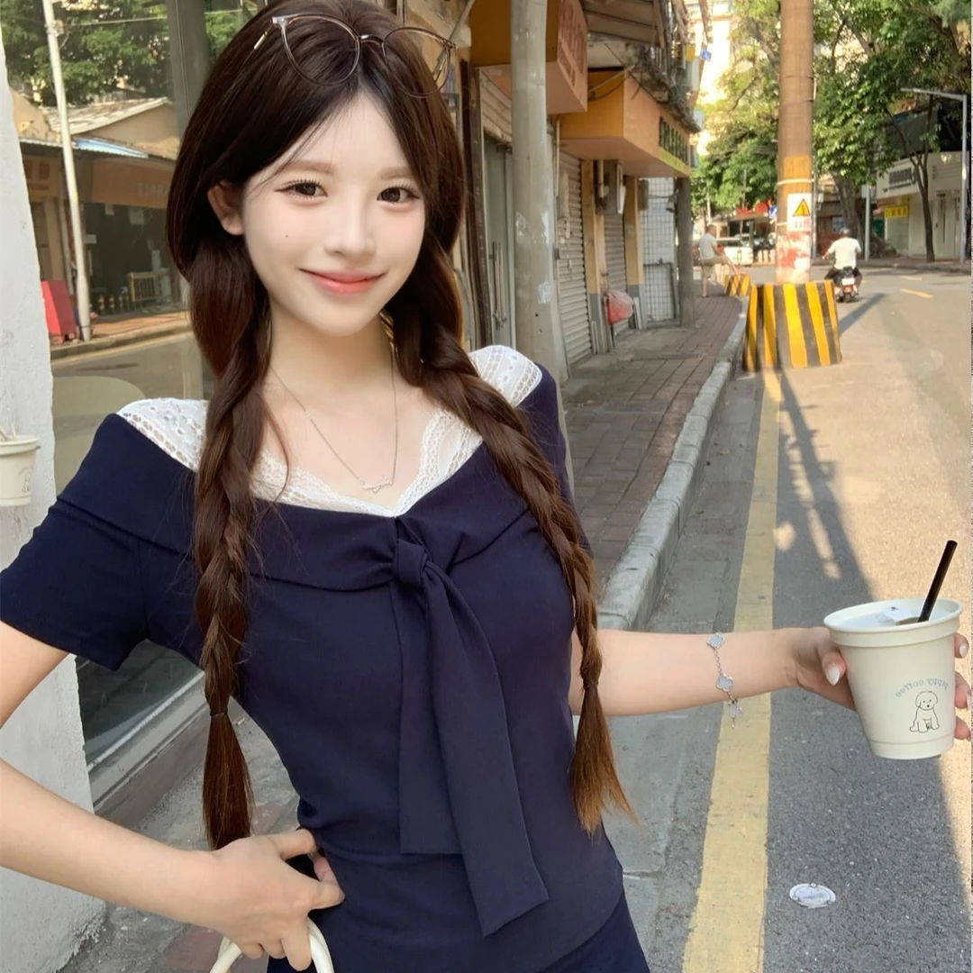 纯棉韩版修身辣妹低v领系带短袖t恤女夏季假两件蕾丝拼接百搭上衣