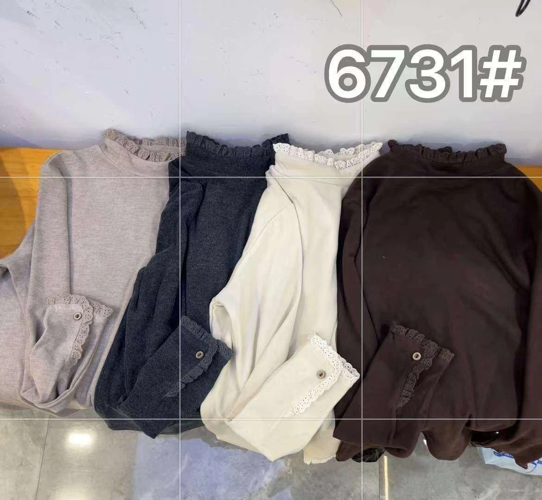 6731新款高品质正肩加绒蕾丝边打底衫