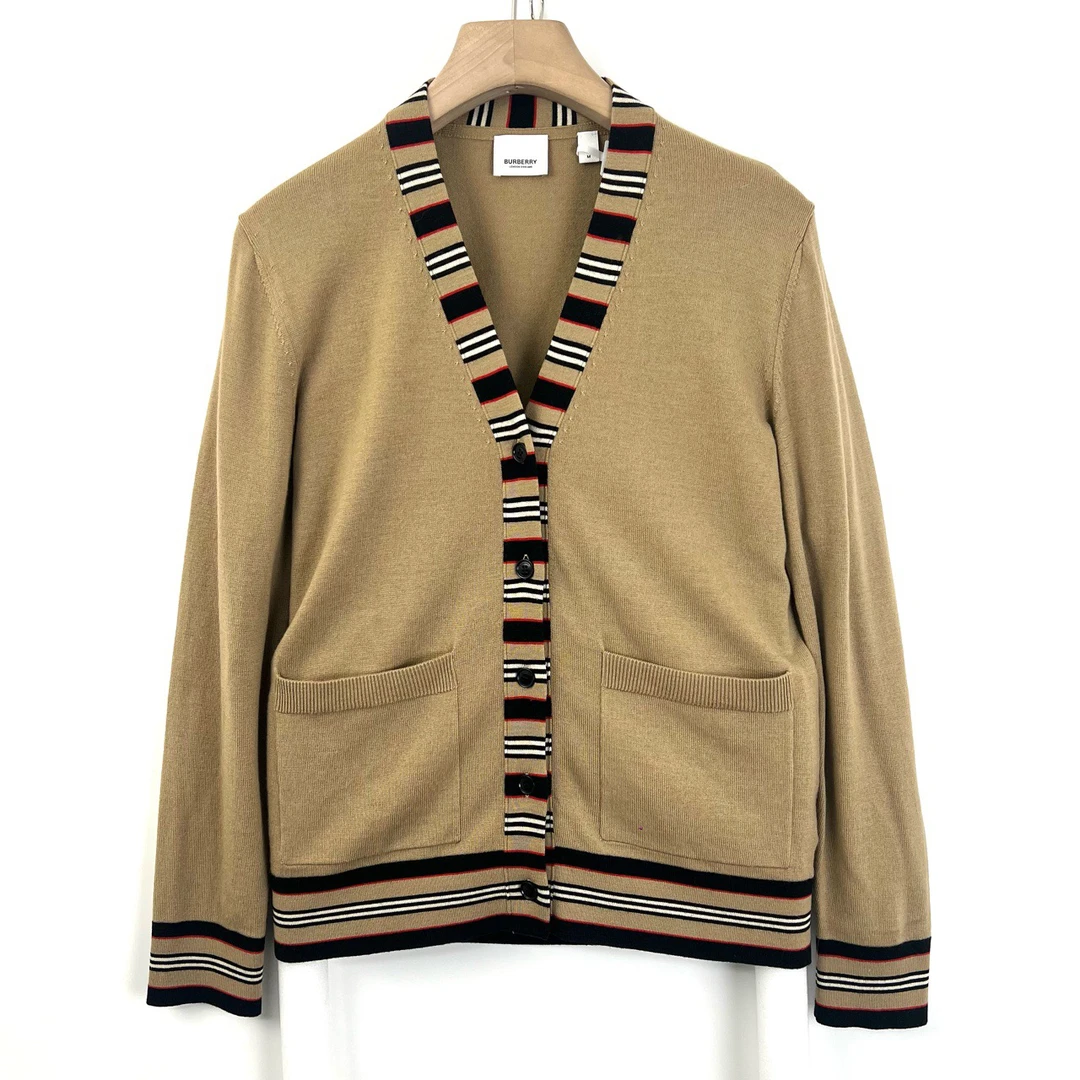 全新未使用 BURBERRY/博柏利 M码/条纹拼接卡其色针织开衫05504