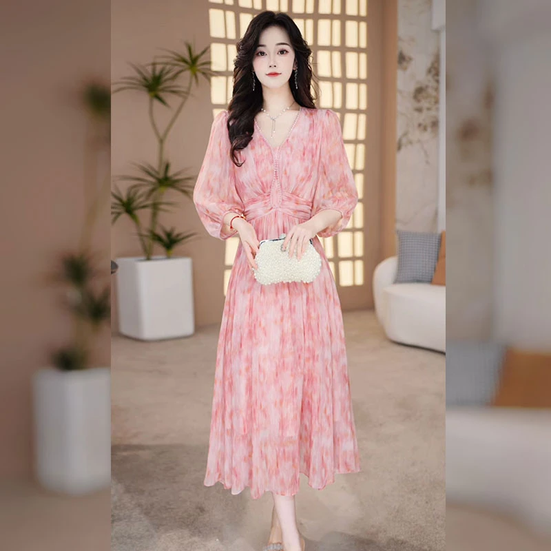 【千羽定制】粉色碎花连衣裙2025年夏季新款温柔风收腰显瘦大摆裙子