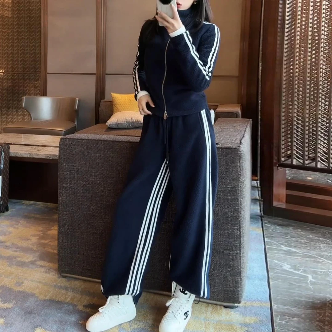 2025圣诞双面颗粒绒侧条显瘦套装女秋冬加厚双拉链上衣长裤两件套