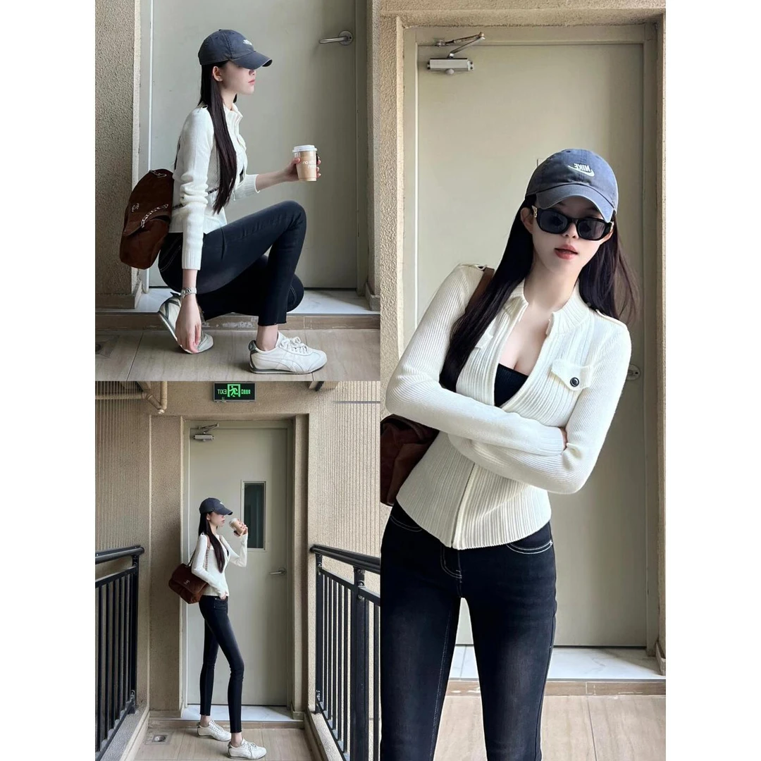 2025春装新款白色毛衣短外套女小个子高级感修身百搭拉炼开衫上衣