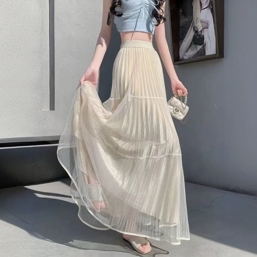 2025春夏新款法式百褶网纱半身裙女高腰拼接蛋糕纱裙A字大摆伞裙
