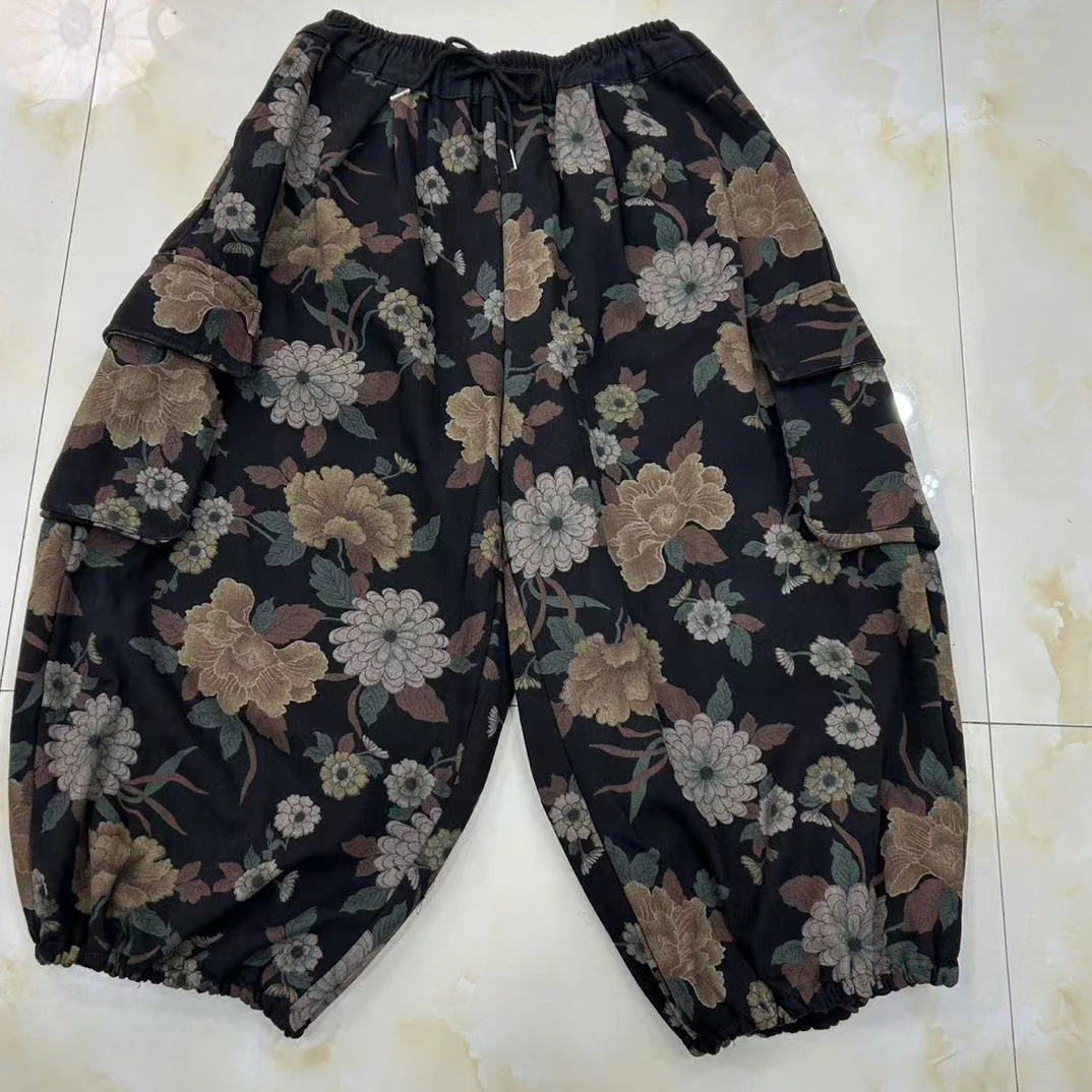 25413冬季加绒加厚数码印花牛仔工装灯笼裤