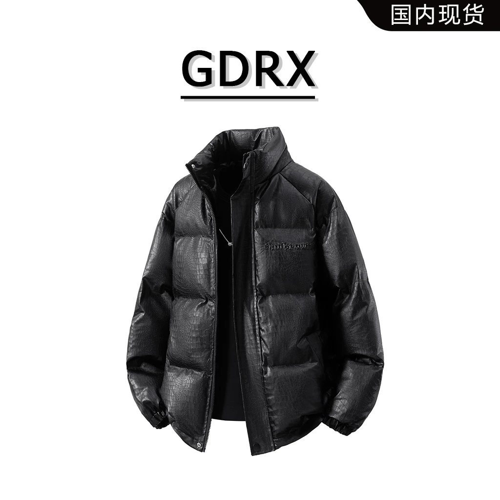 GDRX美式鳄鱼纹PU皮棉衣外套男冬季新款加厚字母钢印宽松大码棉服