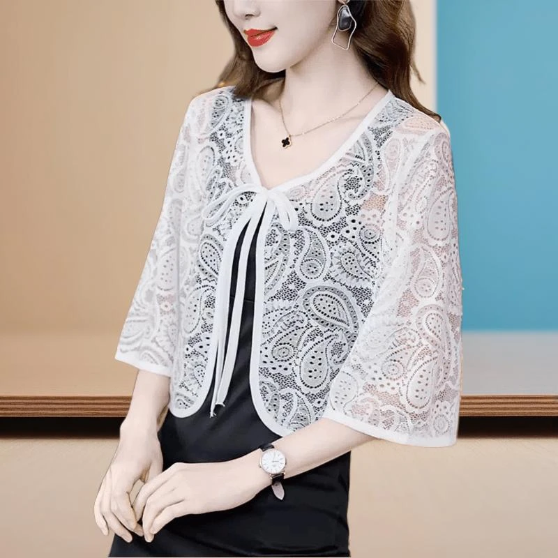 防晒衣短外套五分袖女新款配裙子蕾丝上衣户外开衫披肩春夏系带女