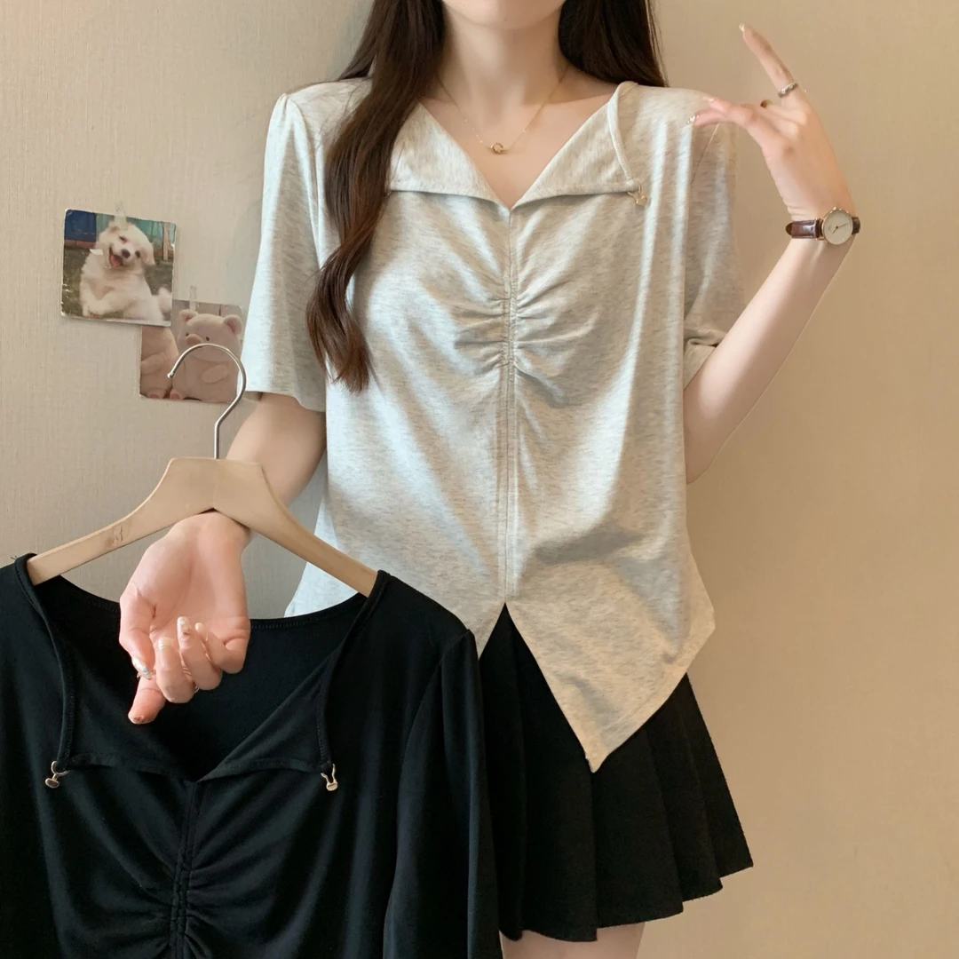 2025夏季新款胖mm大码设计感不规则正肩短袖T恤显瘦百搭开叉上衣