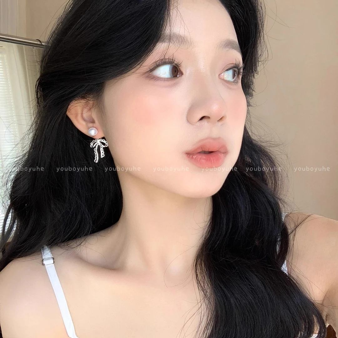 合金耳饰 蕾丝花边蝴蝶结耳环2025新款轻奢耳钉后挂式精致耳饰