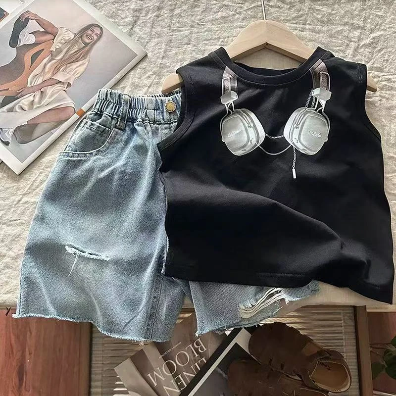 男童卡通耳机印花无袖T恤纯棉宝宝休闲韩版痞帅气小男孩炸街背心