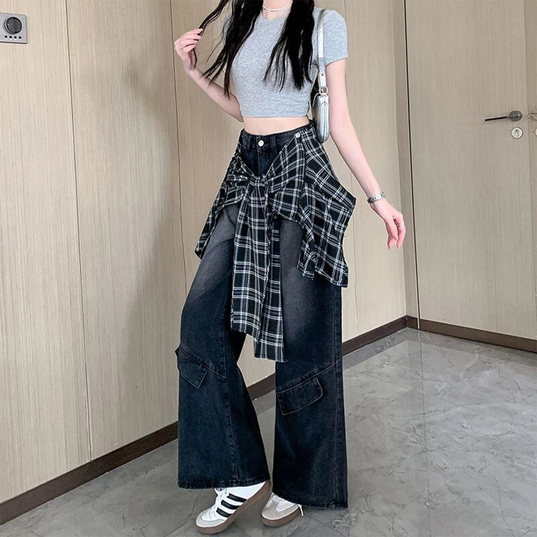300斤大码女装美式可拆卸格子屁帘牛仔裤女胖mm宽松显瘦阔腿裤子