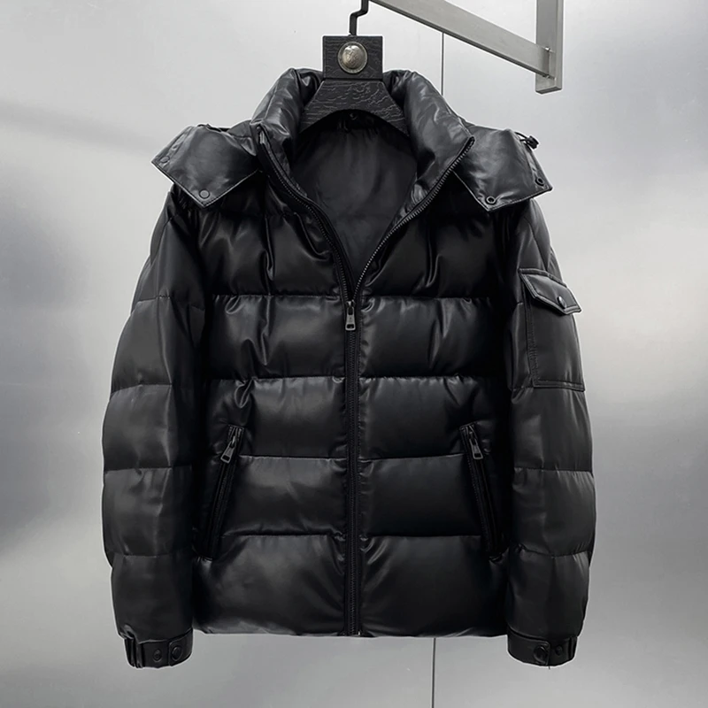 秋冬男士鹅绒皮衣短款连帽外套时尚休闲保暖