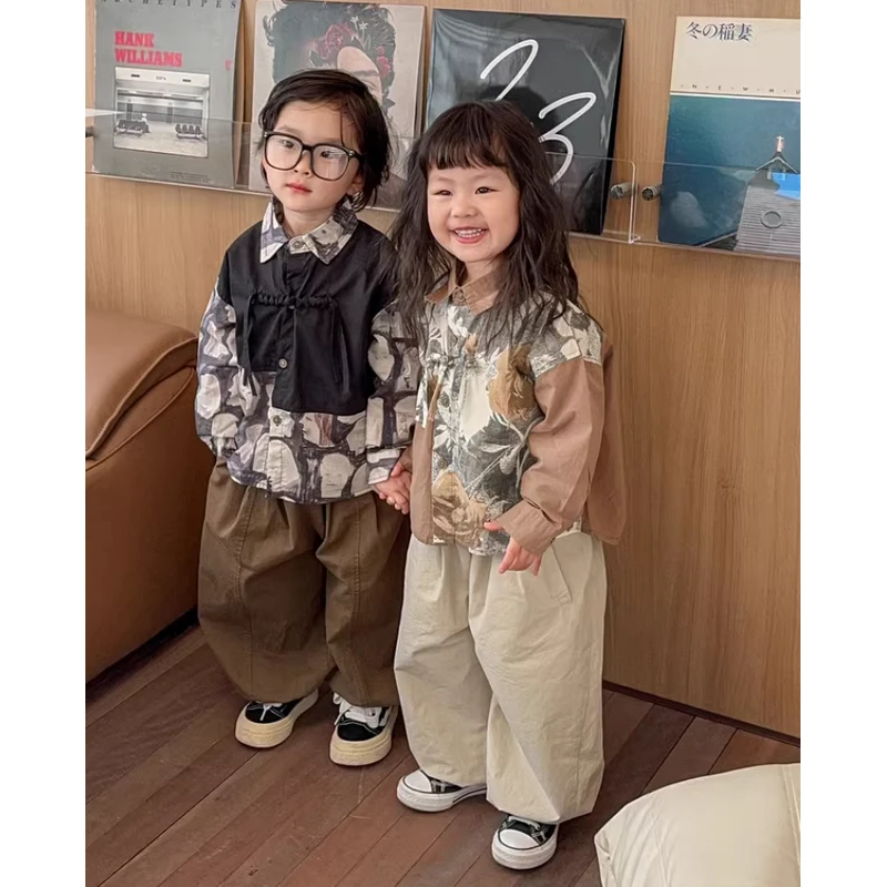 《春上新》新中式国风衬衫25CL920男童女童洋气拼接撞色翻领上衣春