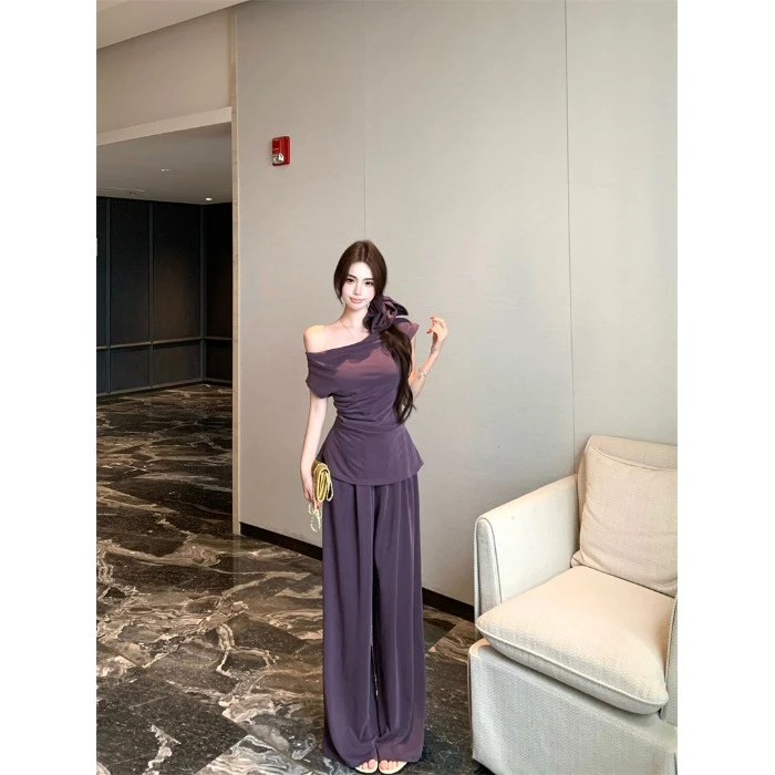 一字肩纯欲紫色短袖修身T恤女夏季休闲套装垂感高腰阔腿裤两件套