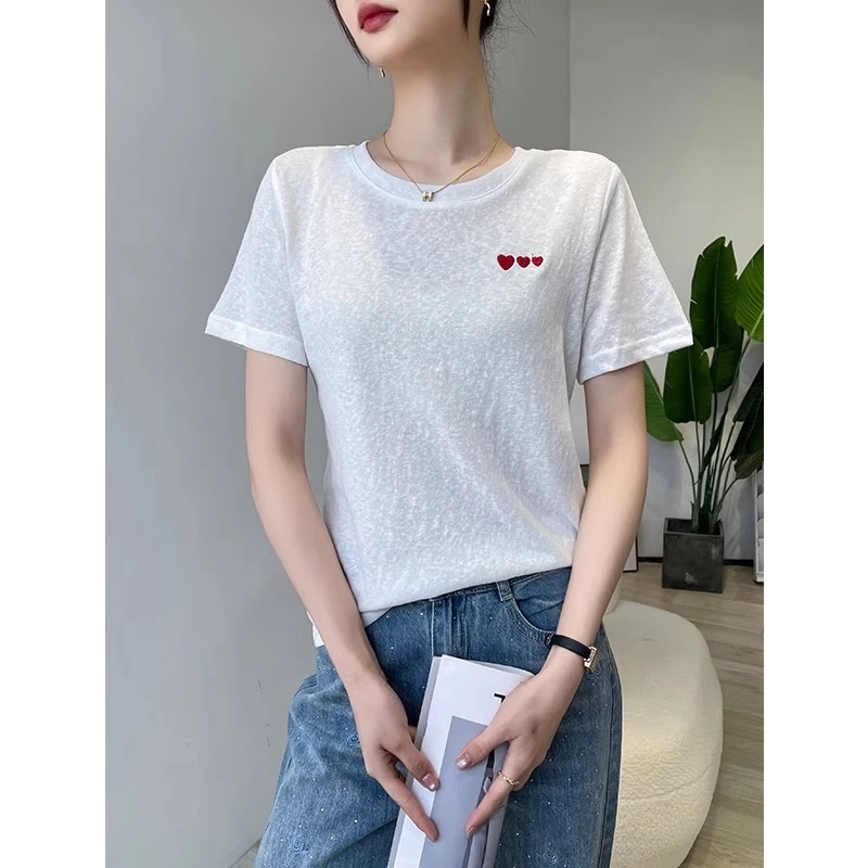 白色刺绣圆领短袖t恤女2025新款夏季显瘦百搭内搭打底衫休闲上衣