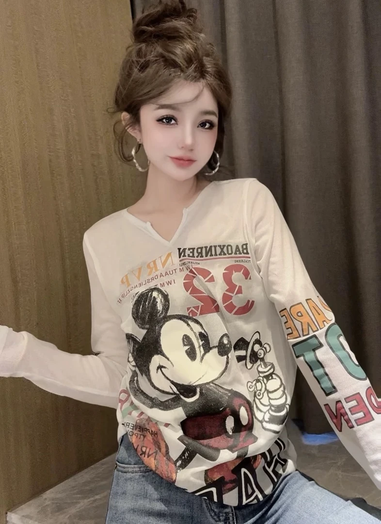 【大曼曼家】2025春季新款显瘦米奇喷绘打底长袖T恤大码女装6618