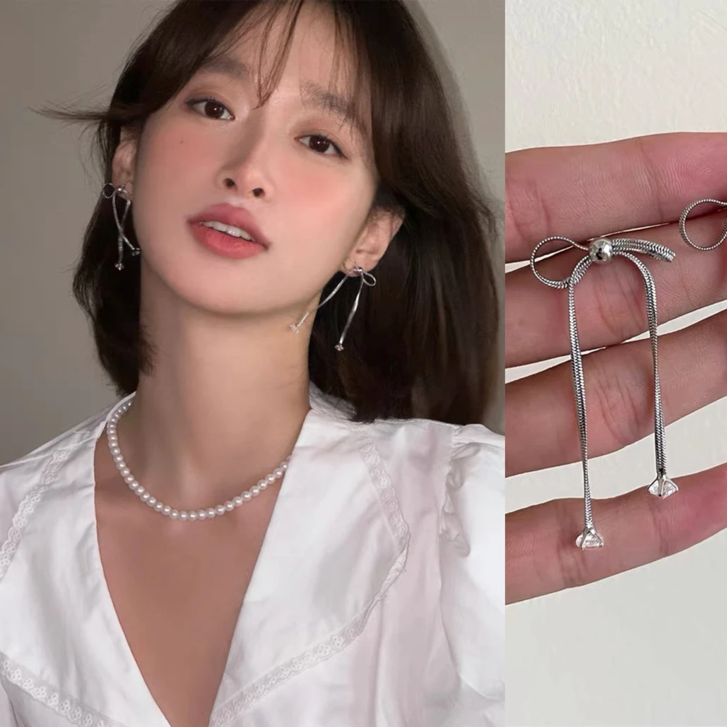 铜合金锆石耳饰 蝴蝶结耳钉女耳环小众高级气质流苏锆石耳坠耳饰