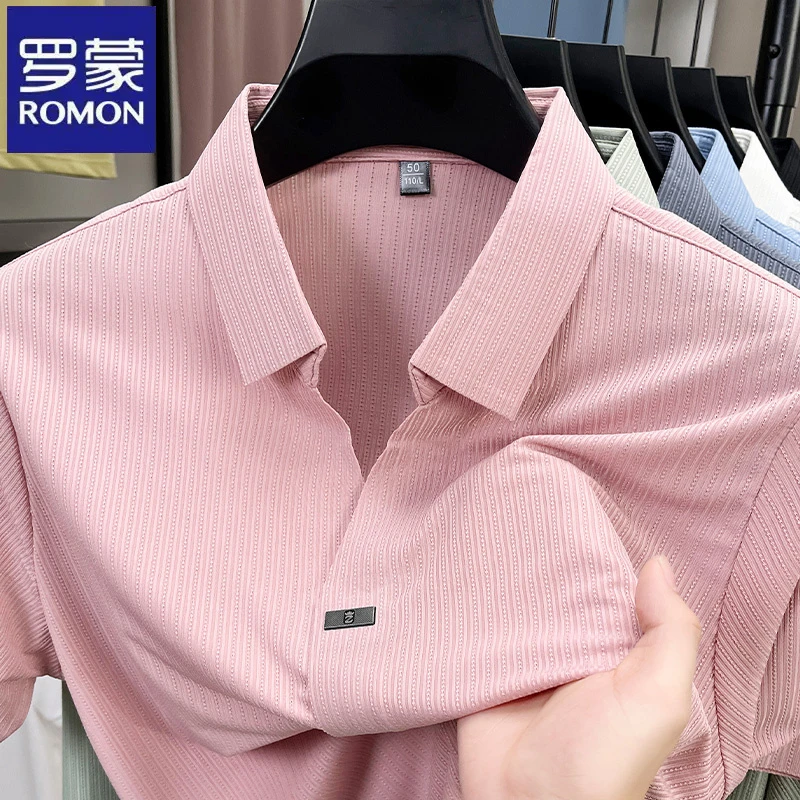 罗蒙时尚粉色商务绅士条纹短袖Polo衫夏季休闲翻领男士潮流t恤衫