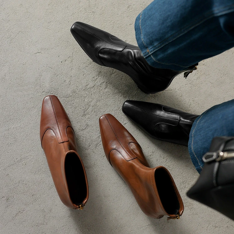 时装靴真皮女方头复古2024年新款时尚2024年冬季新款女靴子