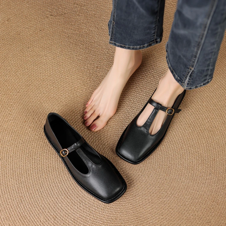2025新款欧若风顶奢高版本玛丽珍平底鞋真皮百搭高级感女单鞋黑色