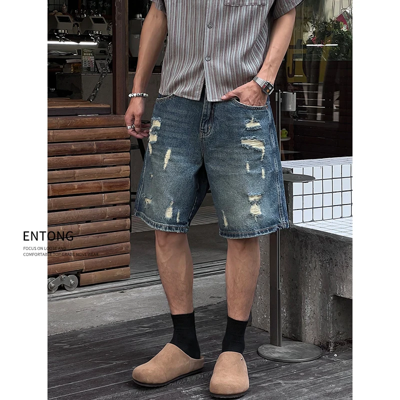 Entong美式街头复古宽松破洞五分牛仔短裤男生水洗潮流直筒中裤子
