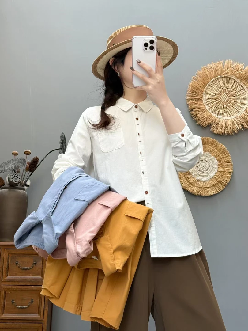 【MM 全棉暗扣设计】春季全棉水洗棉0293暗扣设计长袖衬衫小清新