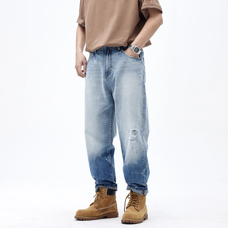 潮牌日系宽松哈伦长裤春夏款微锥工艺渐变休闲百搭潮流牛仔裤男士